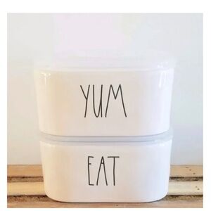 NEW Rae Dunn Yum & Eat Ceramic Food Storage Containers with Lids ~ Set of Two